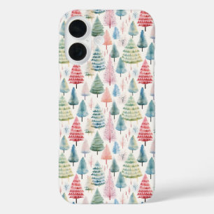Funda iPhone 16 Coloridos Navidades Pastel Patrón de Pinos Árboles