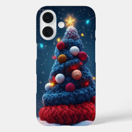 Funda iPhone 16 Cómodo Knit Árbol de Navidad Azul Rojo