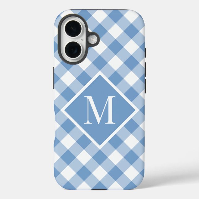 Funda iPhone 16 Comprobación de Gingham blanco azul claro monogram (Reverso )