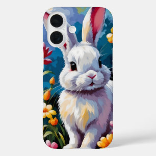 Funda iPhone 16 Conejo blanco adorable rodeado de flores vibrantes