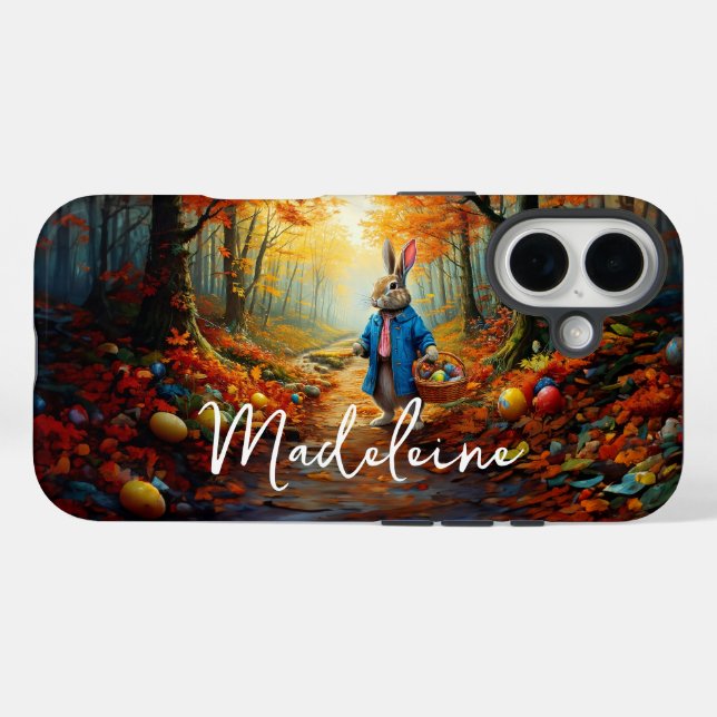 Funda iPhone 16 Conejo de Pascua en el bosque (Reverso (Horizontal))