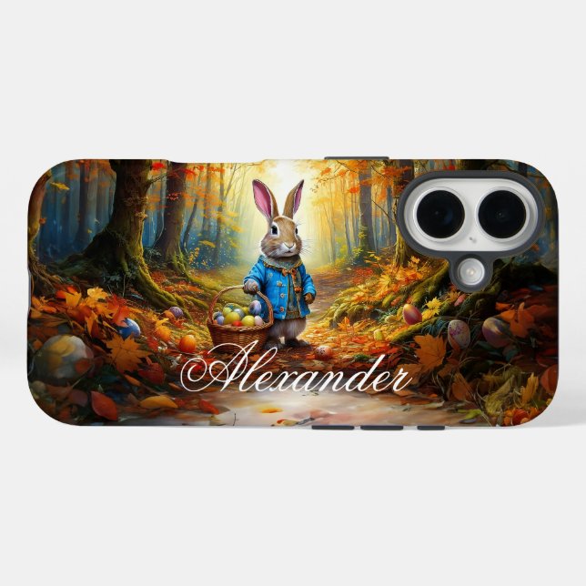 Funda iPhone 16 Conejo de Pascua en el bosque (Reverso (Horizontal))