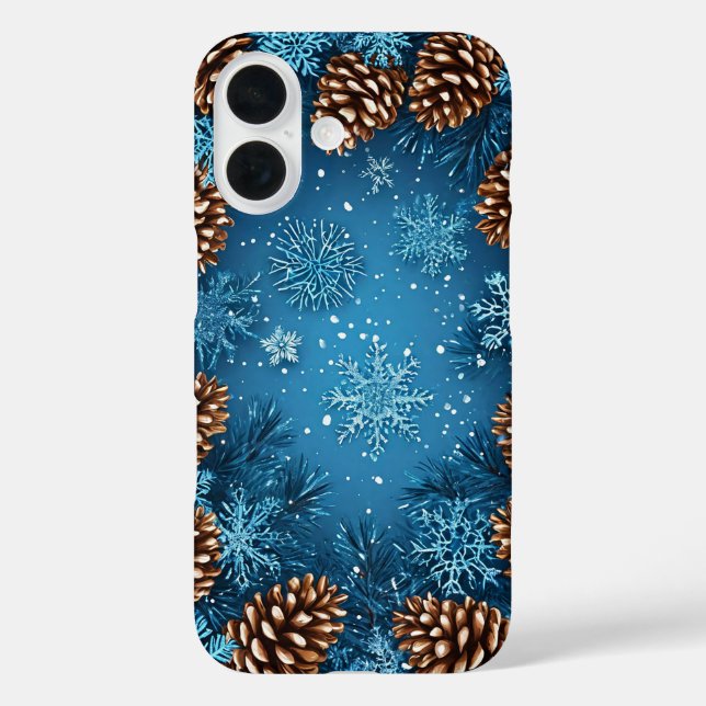 Funda iPhone 16 Cones de pino y copos de nieve festivos (Reverso )
