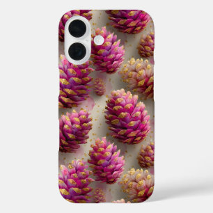 Funda iPhone 16 Cones de rosa rosado de invierno con acentos dorad