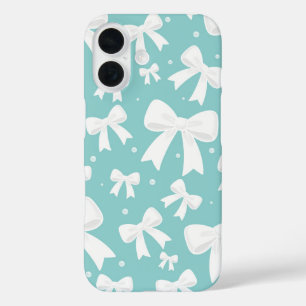 Funda iPhone 16 Coqueta Azul Con Perlas Y Lazos Blancos