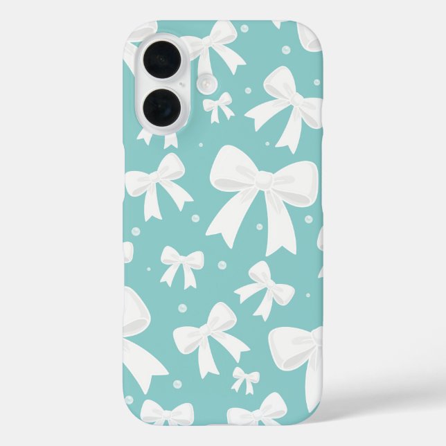 Funda iPhone 16 Coqueta Azul Con Perlas Y Lazos Blancos (Reverso )