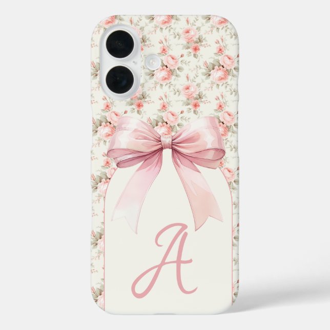 Funda iPhone 16 Coqueta de arco rosado monograma (Reverso )