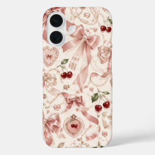 Funda iPhone 16 Coqueta Vintage Rosa Lazo y Estética de Cereza