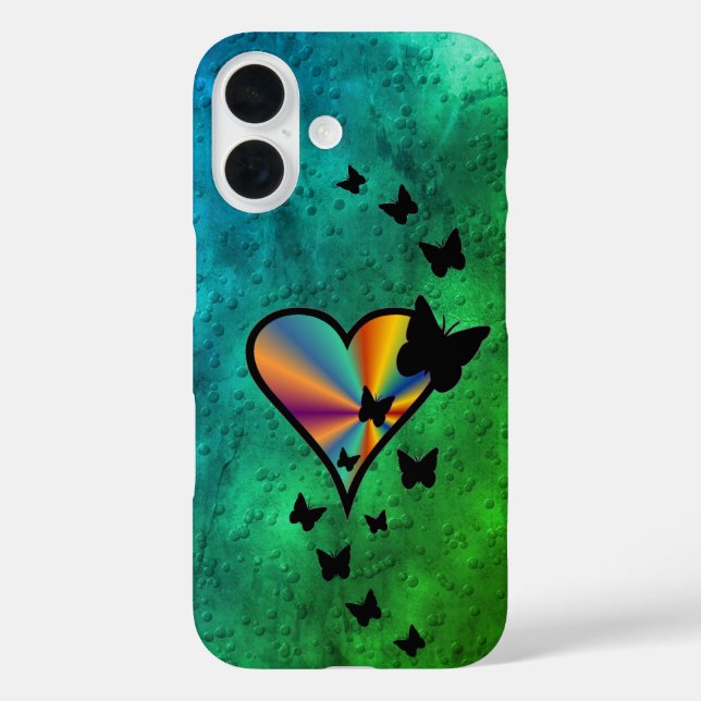 Funda iPhone 16 Corazón arcoiris y mariposa (Reverso )