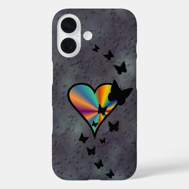 Funda iPhone 16 Corazón arcoiris y mariposa (Reverso )