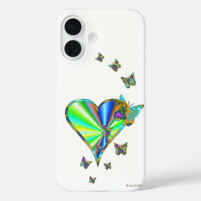 Funda iPhone 16 Corazón arcoiris y mariposa (Reverso )