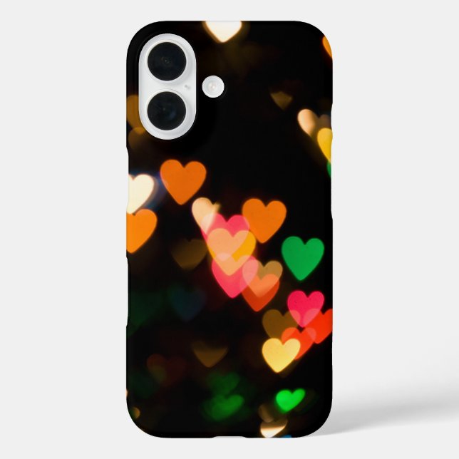 Funda iPhone 16 Corazones Bokeh Sobre Negro (Reverso )