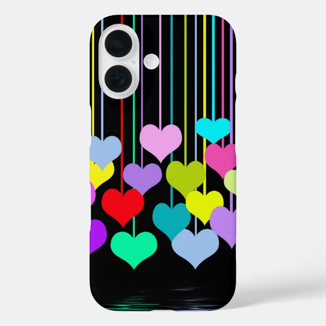 Funda iPhone 16 Corazones Colgantes Sobre Negro (Reverso )
