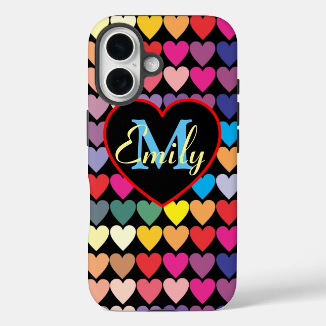 Funda iPhone 16 Corazones de Arcoíris Personalizados (Reverso )