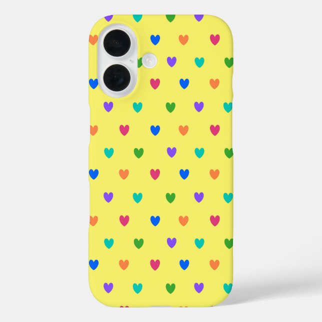 Funda iPhone 16 Corazones de lunares de arcoíris sobre amarillo (Reverso )