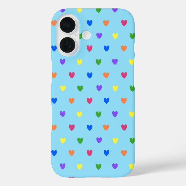 Funda iPhone 16 Corazones de lunares de arcoíris sobre azul bebé (Reverso )