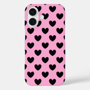 Funda iPhone 16 Corazones de lunares negros sobre rosa algodón de