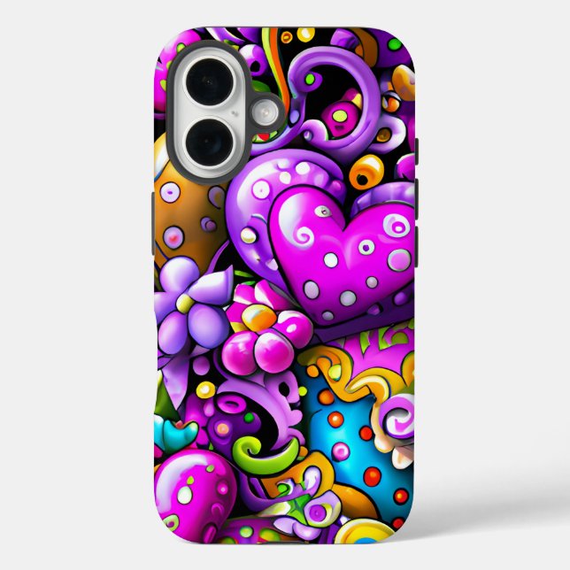 Funda iPhone 16 Corazones y Flores Abstractos Morados (Reverso )