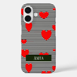 Funda iPhone 16 Corazones y rayas rojas personalizadas