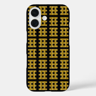 Funda iPhone 16 Cordón Dorado Alámbrico Patrón Cuadrado en Negro