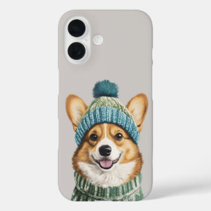 Funda iPhone 16 Corgi acogedor en el engranaje de invierno
