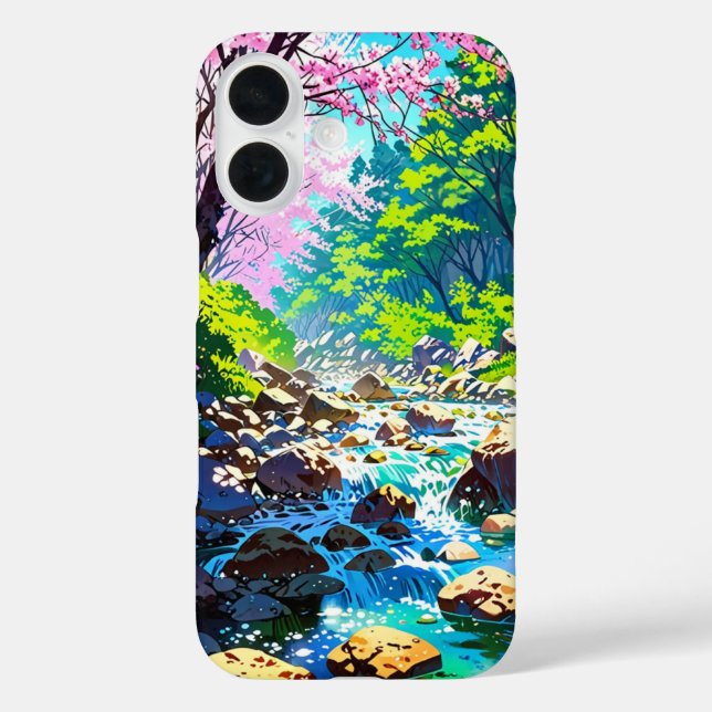 Funda iPhone 16 Corriente de montaña en primavera - Paisaje animad (Reverso )