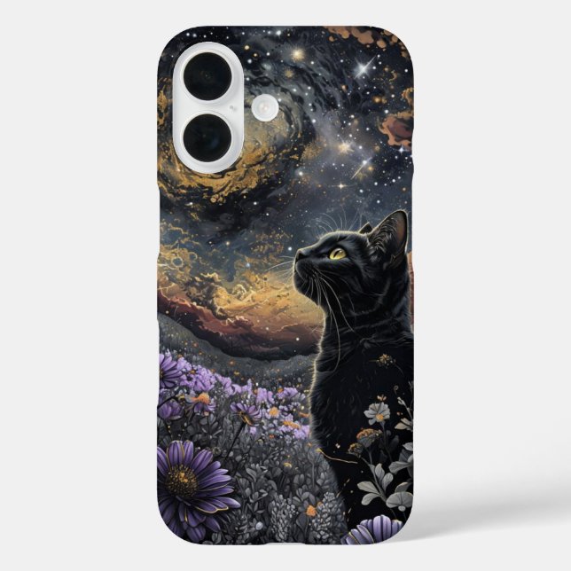 Funda iPhone 16 Cosmic Gaze: Black Cat Under the Stars (Reverso )