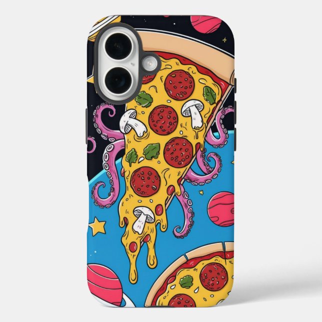 Funda iPhone 16 Cosmic Pizza Slice: Aventura espacial excéntrica (Reverso )