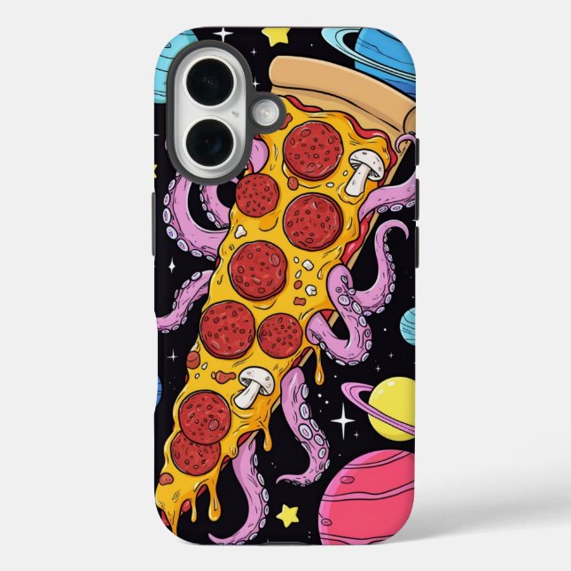 Funda iPhone 16 Cosmic Pizza Slice: Aventura espacial excéntrica (Reverso )