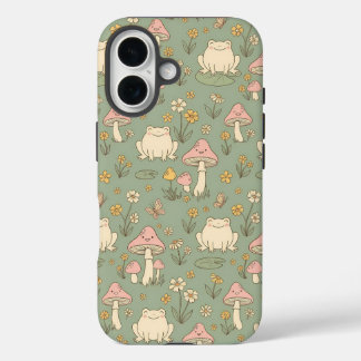 Funda iPhone 16 Cottagecore Frog & Mushroom Meadow Pattern Phone C
