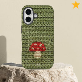 Funda iPhone 16 Cozy Crochet Mushroom Yarn Custom Name Initials