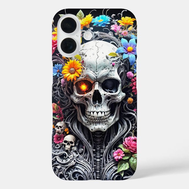 Funda iPhone 16 Cráneo blindado con cubierta de flor (Reverso )