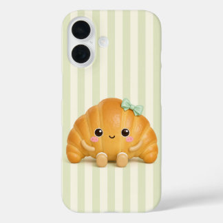 Funda iPhone 16 Croissant Kawaii Adorable en Rayas Verde Salvia pa