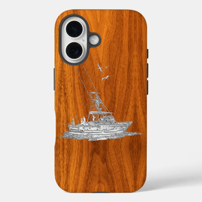 Funda iPhone 16 Cromado como barco de pesca en madera de teca (Reverso )