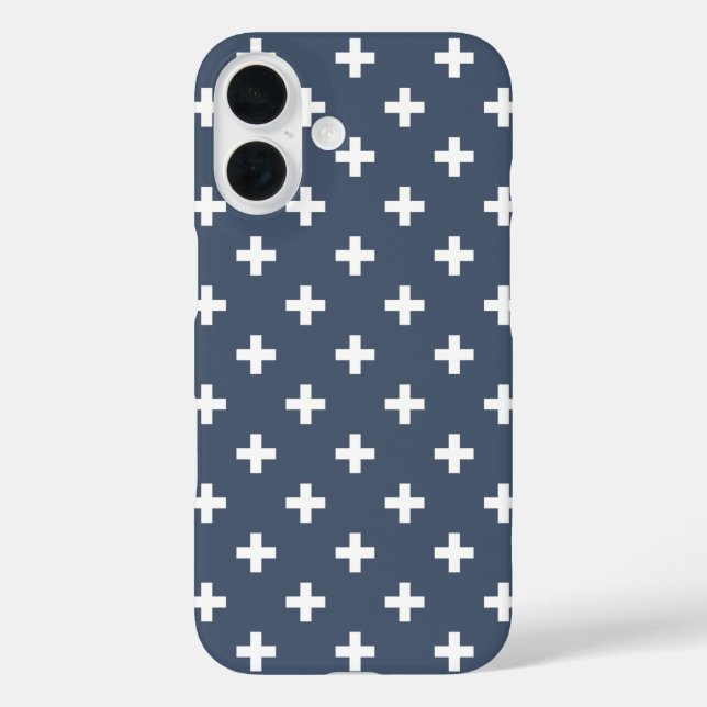 Funda iPhone 16 Cruces blancas de lunares sobre azul grisáceo (Reverso )