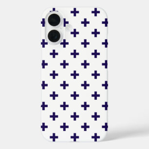 Funda iPhone 16 Cruces de polka azul marino sobre blanco