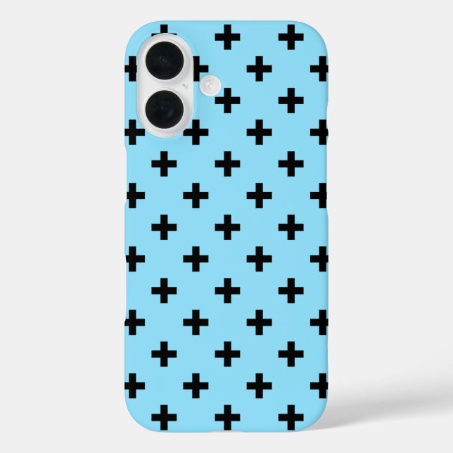 Funda iPhone 16 Cruces de polka negra en azul bebé (Reverso )