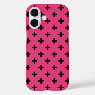 Funda iPhone 16 Cruces de polka negra en fucsia