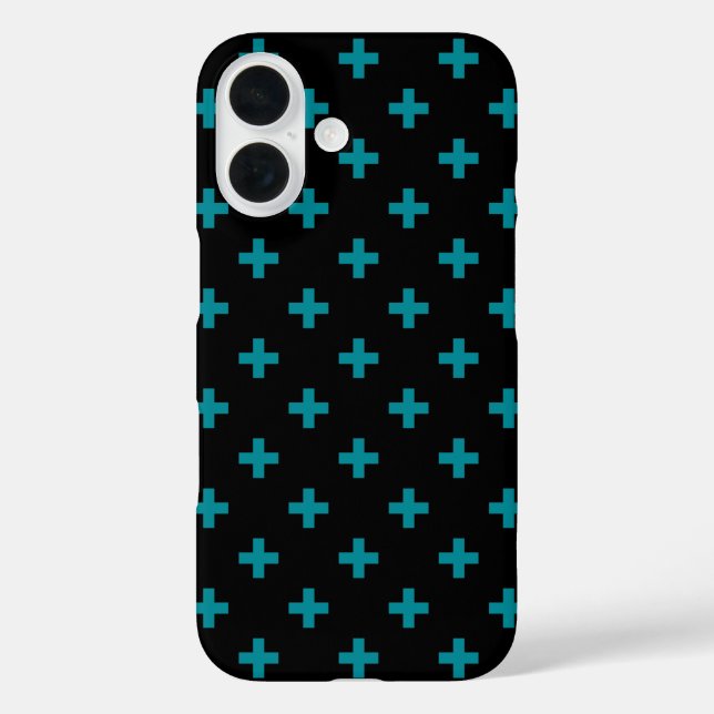 Funda iPhone 16 Cruces de polka verde azulada sobre negro (Reverso )