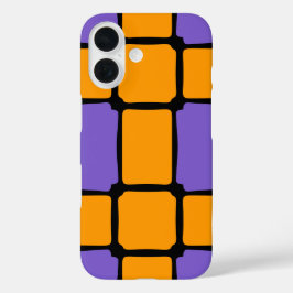 Funda iPhone 16 Cuadrados de formas naranja negrita asimétrica púr