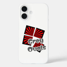 Funda iPhone 16 Cuadrados rojos con vigas y óvalos grises Texto
