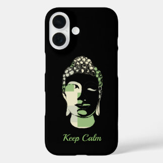 Funda iPhone 16 Cuadrados verdes y tan silueta de buddha dibujada