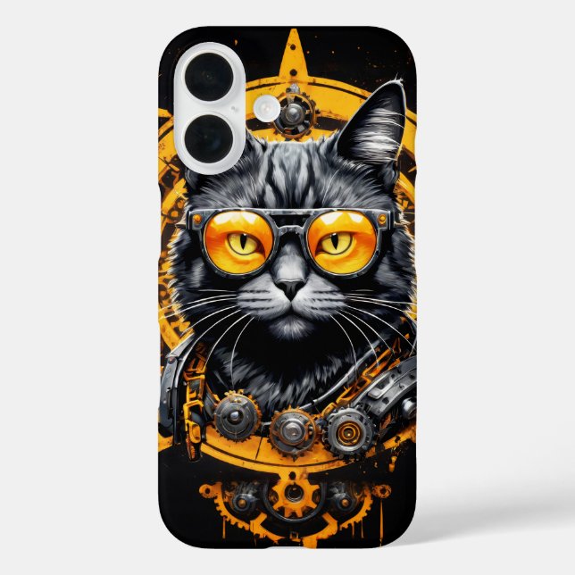 Funda iPhone 16 Cubierta de gato amarillo futurista cibernético (Reverso )