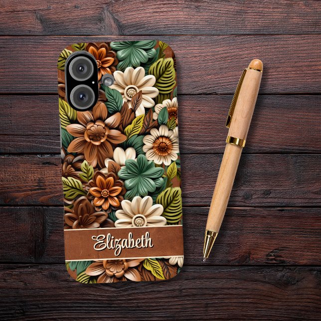 Funda iPhone 16 Cuero con herramientas personalizado (iPhone 16 Tooled Leather Embossed Flowers Cowgirl Rustic phone case.)