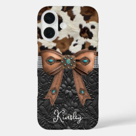 Funda iPhone 16 Cuero de vaca Cuero negro con lazo con joyas