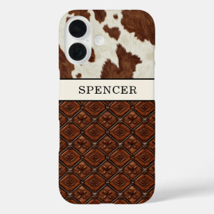 Funda iPhone 16 Cuero de vaca marrón y cuero monogramado