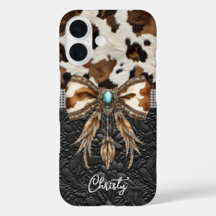 Funda iPhone 16 Cuero de Vaca Negro Lazo de Joyería de Cuero
