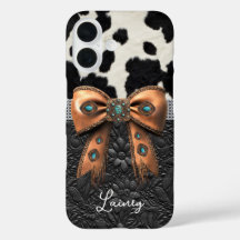 Cuero de vaca negro y blanco con lazo con joyas