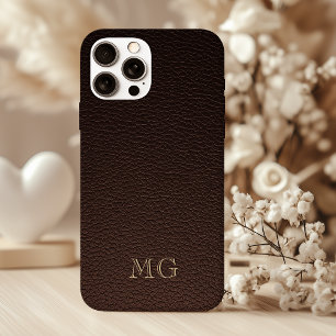 Funda iPhone 16 Cuero falso marrón oscuro y monogramas dorados