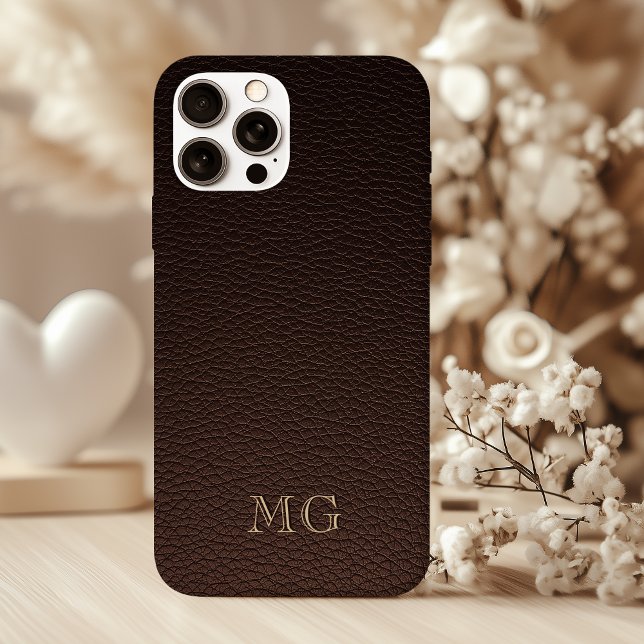 Funda iPhone 16 Cuero falso marrón oscuro y monogramas dorados (Subido por el creador)